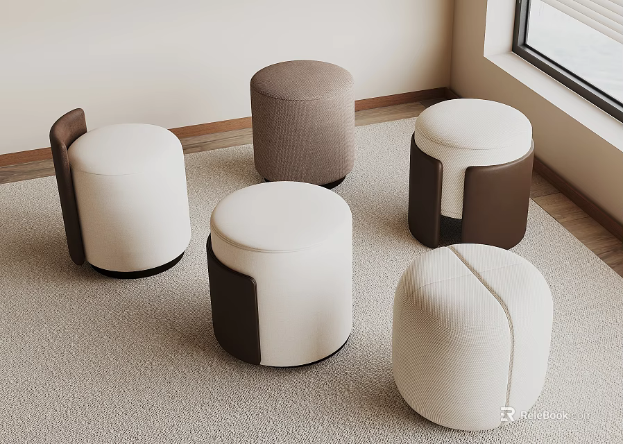 Modern Round Upholstered Stools in White and Brown for Indoor Living Space Decor 3d model 