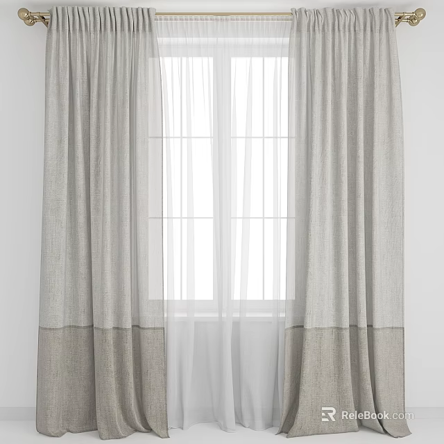 Light Gray Linen Curtains With White Sheer Layer For Window Decoration 3d model