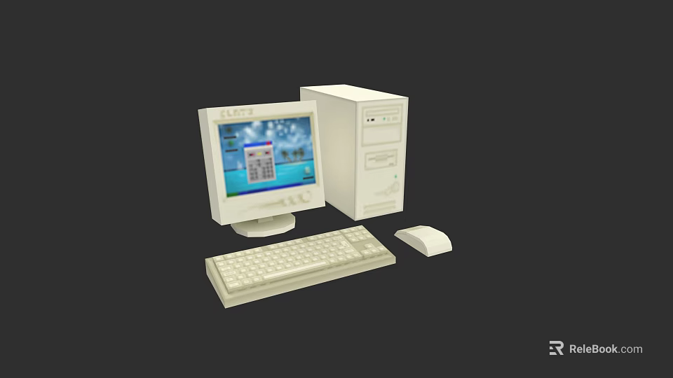 Vintage Desktop Computer Setup with Tower Monitor Keyboard and Mouse and Screen 3d model 