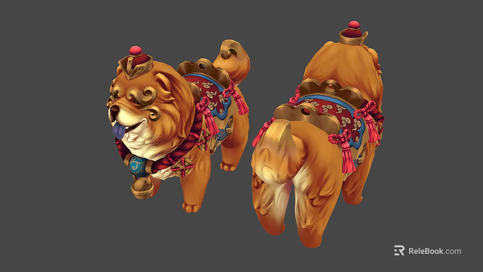 Traditional Lion Statues Featuring Red Decorations Gold Ornamental Saddle And Tassels 3d model 