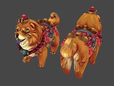 Traditional Lion Statues Featuring Red Decorations Gold Ornamental Saddle And Tassels 3d model
