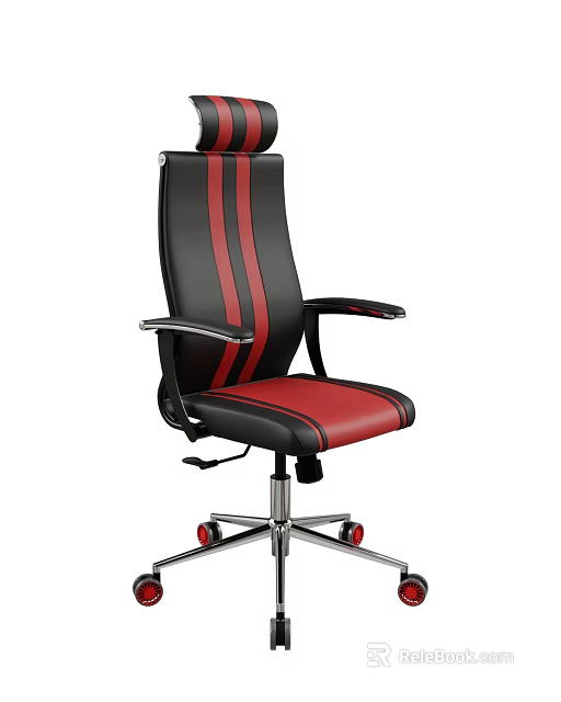Black And Red Striped Office Chair With Leather Upholstery Armrests And Red Wheels 3d model 