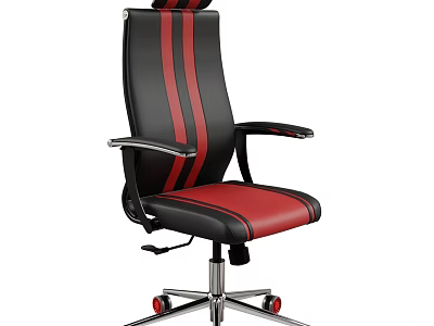 Black And Red Striped Office Chair With Leather Upholstery Armrests And Red Wheels 3d model