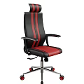 Black And Red Striped Office Chair With Leather Upholstery Armrests And Red Wheels