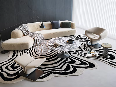 Modern Beige Sofa and Coffee Table Set With Zebra Print Rug and Decorative Pillows 3d model