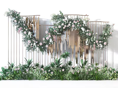 Elegant Wedding Decoration With Gold Metal Frame Floral Wreath And Pink Blossoms 3d model