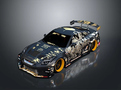 Black Sports Car With Gold Patterns Rear Spoiler And Yellow Wheels On Black Background 3d model