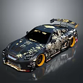 Black Sports Car With Gold Patterns Rear Spoiler And Yellow Wheels On Black Background
