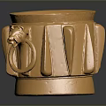 Exquisite Golden Carved Decorative Vessel With Animal Head Handles And Vertical Stripes