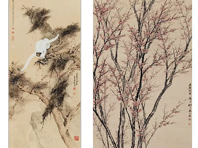 Traditional Botanical Paintings Featuring Pine Tree Plum Blossom With Pink Flowers And Branches 3d model