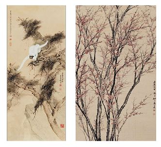 Chinese Plant Painting Classic Red Plum Pine White Monkey Pattern Hanging Painting Combination 3d model