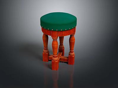 Traditional Wooden Stool With Green Round Padded Seat And Carved Legs 3d model