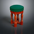 Traditional Wooden Stool With Green Round Padded Seat And Carved Legs