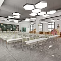 Spacious School Classroom Interior With Hexagonal Pendant Lights Green Chairs Large Screen And Bookshelves