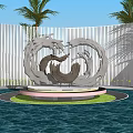 Sleek Metallic Wave Sculpture on Red Pedestal with Green Lawn Floor Reflection