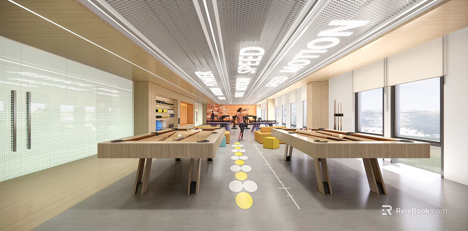 Modern Conference Room Interior With Ceiling Lighting Long Wooden Tables Yellow Circular Stickers And Windows 3d model 