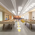 Modern Conference Room Interior With Ceiling Lighting Long Wooden Tables Yellow Circular Stickers And Windows