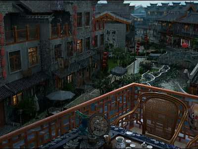 Ancient Chinese Architecture Courtyard With Traditional Tile Roofs And Scenic Lantern View 3d model