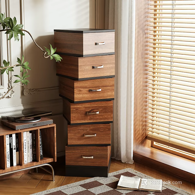 Modern Wooden Drawer Cabinet With Multiple Drawers Green Plant Bookshelf And Window In Interior 3d model 