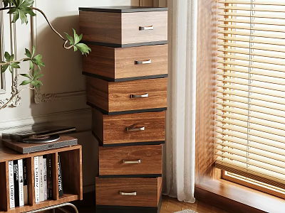 Modern Wooden Drawer Cabinet With Multiple Drawers Green Plant Bookshelf And Window In Interior 3d model