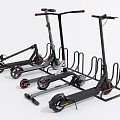 Modern Electric Scooters Placed on Organized Metal Parking Racks with Secure Storage Stand