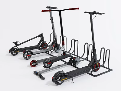 Modern Electric Scooters Placed on Organized Metal Parking Racks with Secure Storage Stand 3d model