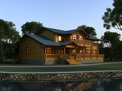 Two Story Wooden House With Blue Roof Balcony Lit Windows And Water View 3d model