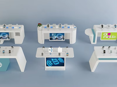 Modern White Display Kiosks With Digital Screens And Electronic Devices 3d model
