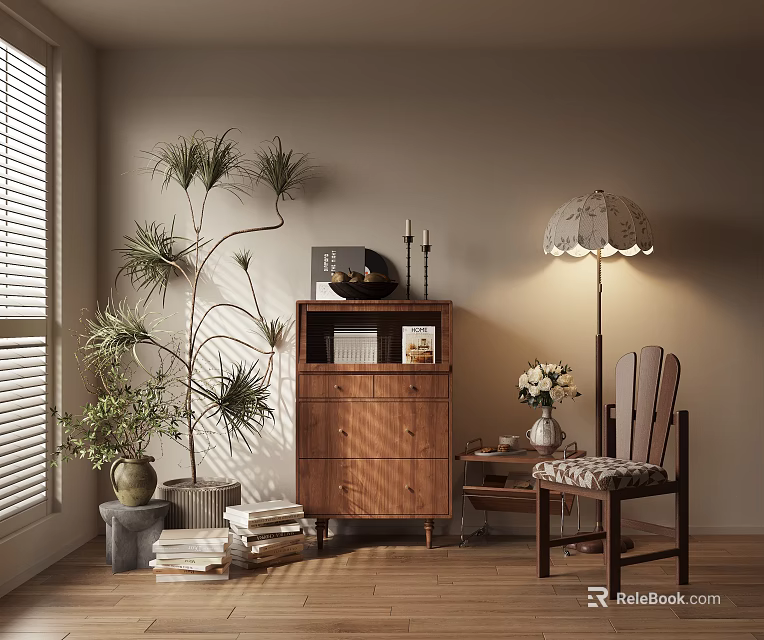 Cozy Modern Entryway Interior With Entryway Cabinet Side Cabinet Potted Plant And Floor Lamp 3d model 