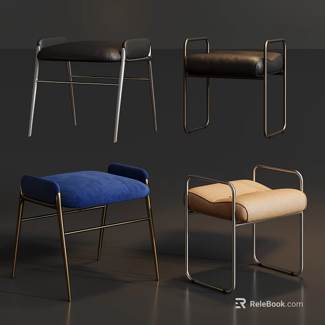 Modern Stylish Stools With Black Blue Beige Seats And Metal Frames 3d model 