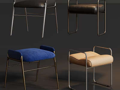 Modern Stylish Stools With Black Blue Beige Seats And Metal Frames 3d model