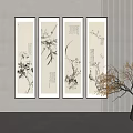 Four Vertical Chinese Ink Painting Scrolls With Calligraphy And Plants On Gray Wall With Vase