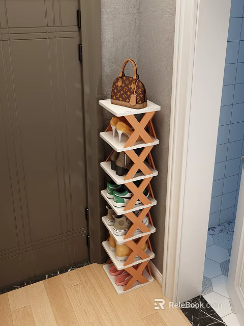 Multi Tiered X Shaped Shoe Rack With Handbag And Shoes In Entryway 3d model 
