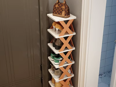 Multi Tiered X Shaped Shoe Rack With Handbag And Shoes In Entryway 3d model