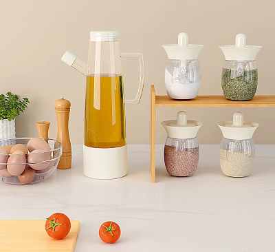 Modern Kitchen Countertop with Glass Spice Containers Oil Bottle and Wooden Shelf 3d model
