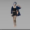 Blue Haired Character Wearing Dark Blue Kimono With Black Top Shorts And Animal Prints