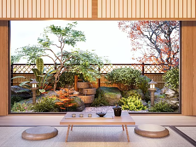 Karesansui Japanese Zen Garden View With Indoor Wooden Table Stone Arrangement Moss And Lanterns 3d model