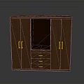 Brown Wooden Storage Cabinet With Golden Handles Open Compartment And Drawers
