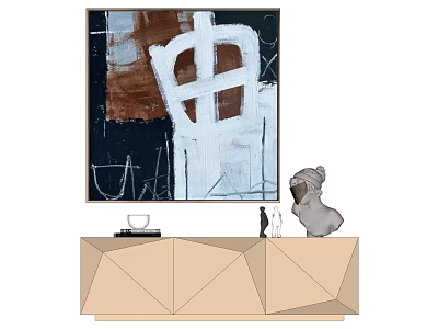 Geometric Decorative Cabinet With Abstract Painting Dog Sculpture And Small Decor Items 3d model