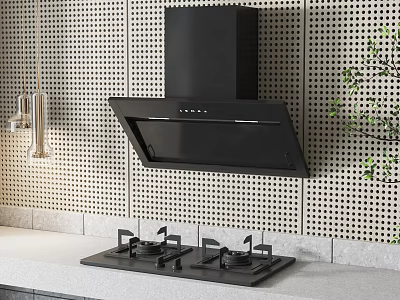 Kitchen Appliances Black Range Hood And Gas Stove On Perforated Wall With Light Countertop 3d model