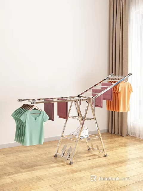 Silver Metal Clothes Drying Rack with Green T-shirt Orange T-shirt Purple Cloth and White Shoes 3d model 