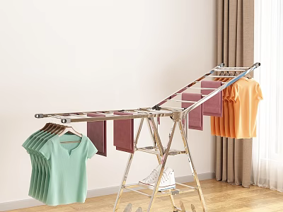 Silver Metal Clothes Drying Rack with Green T-shirt Orange T-shirt Purple Cloth and White Shoes 3d model