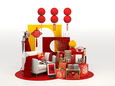 Chinese New Year Festival Decoration Setup With Red Lanterns Fu Characters Sofa And Gifts 3d model