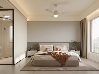 Modern Bedroom Interior With Ceiling Fan With Light Large Bed Pillows Blanket Curtains And Plant 3d model