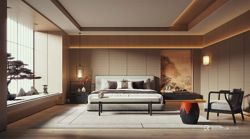 Elegant Modern Bedroom Interior With Wooden Accents Landscape Painting Pendant Lights And Soft Rug 3d model 