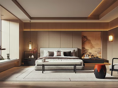 Elegant Modern Bedroom Interior With Wooden Accents Landscape Painting Pendant Lights And Soft Rug 3d model