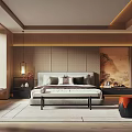 Elegant Modern Bedroom Interior With Wooden Accents Landscape Painting Pendant Lights And Soft Rug
