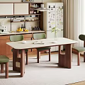 Modern Dining Table Set with Green Upholstered Chairs Vase Plants and Wooden Kitchen Cabinets
