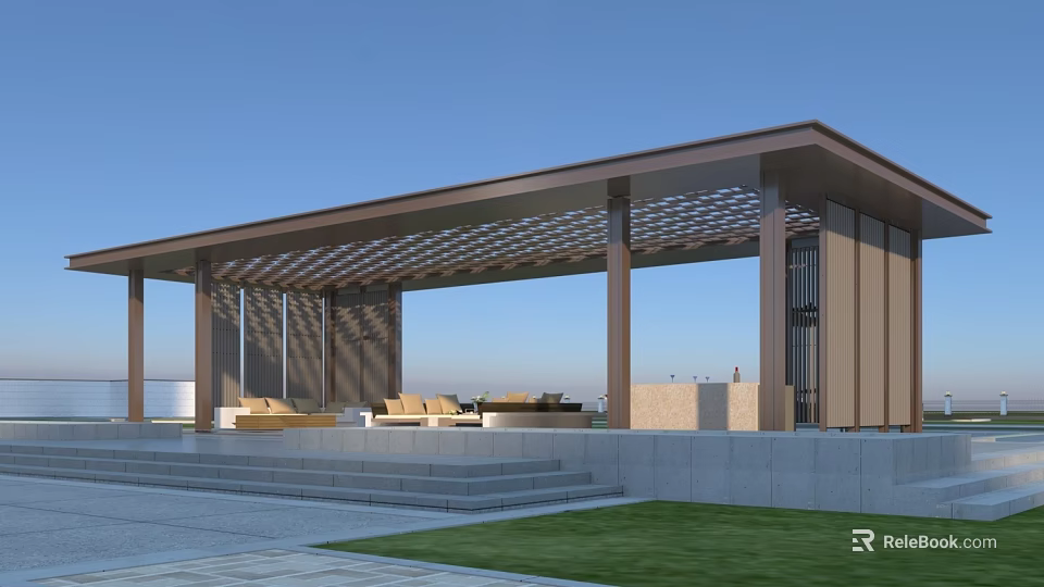 Modern Garden Landscape With Pergola Latticed Roof Sofa Seating Steps And Lawn 3d model 