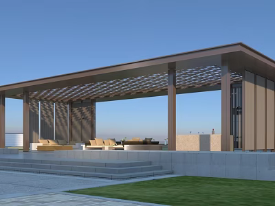 Modern Garden Landscape With Pergola Latticed Roof Sofa Seating Steps And Lawn 3d model